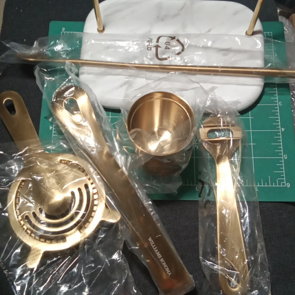Williams Sonoma Encore Antique Brass Bar Tool Set with Marble Base Barware NIB